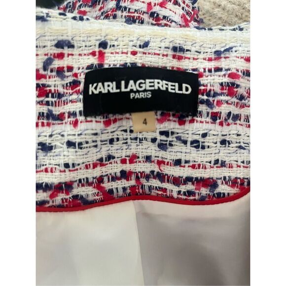 Karl Lagerfeld Paris Red White Blue Tweed Front Pocket Button Jacket‎ Size 4 - Picture 2 of 5